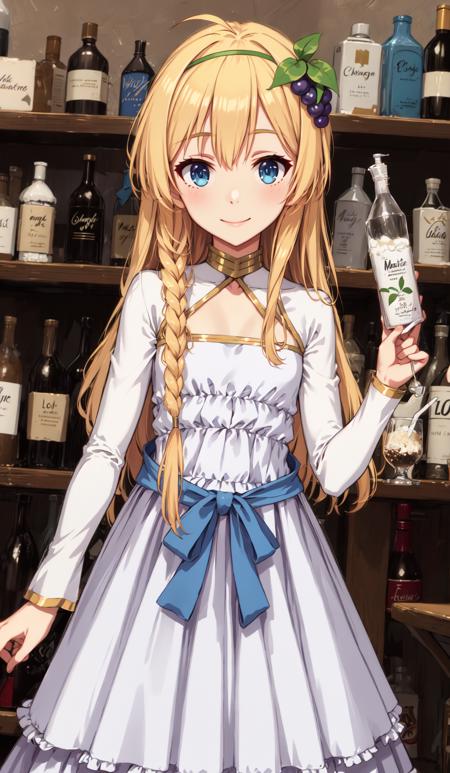 ((masterpiece,best quality)), 1girl, (:1.3), solo, long hair, very long hair, looking at viewer, small breasts, braid, ahoge, hairband, fruit, side braid, iris, hair ornament, grape hair ornament, <lora:iris_konosuba_v2:0.7>, (white dress, official dress), long dress, white shrug, long sleeves, shrug clothing, strapless, strapless dress, standing, bar, bottles, bar counter, (official dress:1.2), blue ribbon, smile, holding bottle, drinking