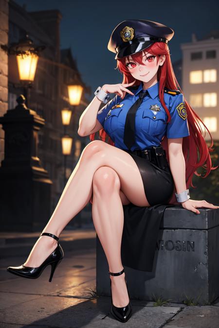 masterpiece, best quality, 1girl, cuffs, necktie, handcuffs, solo, long hair, police uniform, hat, sitting, police, bat \(animal\), red hair, black necktie, red eyes, skirt, short sleeves, crossed legs, shirt, policewoman, uniform, black footwear, breast pocket, looking at viewer, blue shirt, miniskirt, police hat, collared shirt, smile, closed mouth, pocket, very long hair, hair between eyes, bangs, blurry, full body, black headwear, black skirt, blush, halloween, blurry background, shiny, bare legs, pencil skirt, tombstone, wing collar, high heels, head tilt