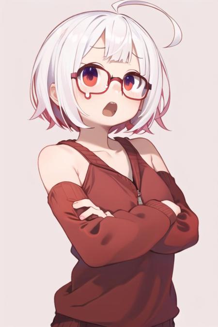 masterpiece, best quality, solo, upper body, ahoge, white hair, simple background, teardrop-framed glasses, surprised, spread fingers, bare arms, crossed arms, <lora:tearGlassesV3_5-000020:1.0>