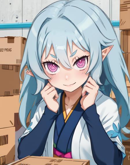 Ao, teal hair, purple eyes,  pointy ears,  pink eyes, 
white kimono,  evil smile,  hands up,  
upper body,   sitting,  cowboy shot, 
warehouse,  boxes, 
(insanely detailed, beautiful detailed face, masterpiece, beautiful detailed eyes, best quality),
 <lora:Ao:0.7>