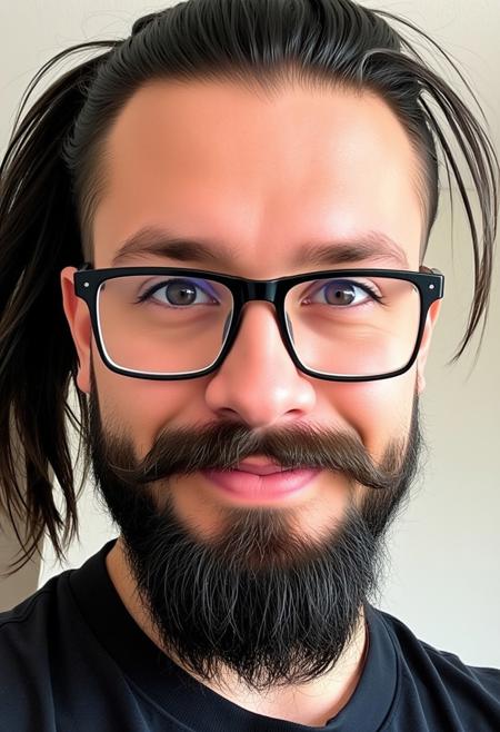 Selfie of a 32 year old male, attractive face, white, American, [Mexican], long dark hair with shaved sides, hair in a ponytail, [sad eyes], brown eyes, small nose, (full lips), thick long groomed beard, iphone camera picture, digital photograph, black rectangle glasses. confident face, [smille], wearin a black shirt,