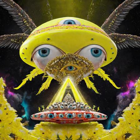seraphins, mystical creature with hundreds of eyes and wings, roswell alien with yellow christmas hat, delivering presents with santa riding a ufo sleigh, intricate complexity, surreal horror, inverted neon yellow drip paint, photoreal