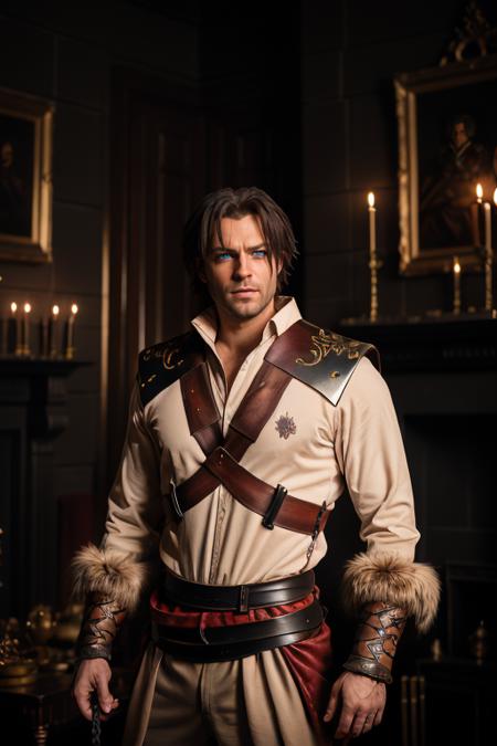 1man, photography, upper body of trevorbelmont man in palace, (blue eyes:1.1), brown hair, holding whip, paintings, ornate, details, ornament, dim light, dawn, bokeh background, horror \(theme\), spooky lighting, <lora:ARWBedroomGothic:0.6>   <lora:ARWTrevorBelmont:1>