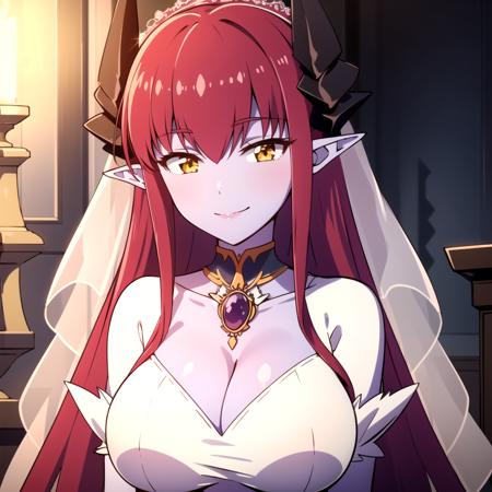 1girl, solo, red hair, yellow eyes, long hair, large breasts, purple skin, horns, pointy ears, shirt, <lora:DesastreSereno:0.6>, smile, (wedding dress)