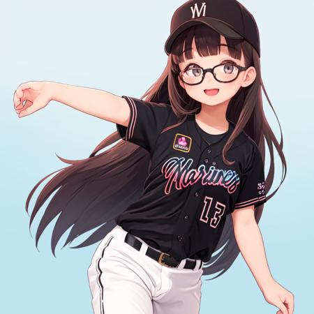 best quality, ultra-detailed, illustration,
1girl, solo, glasses, black hair, long hair, looking at viewer, happy, laughing, standing,
BSW2023, baseball uniform, black shirt, baseball cap, white pants, gradient background, gradient
<lora:Chiba_Lotte_Marines_BSW2023_Uniform_SD15_V1:0.8>