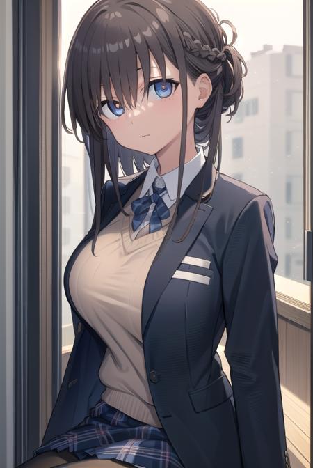 maegamichan, <lora:maegamichantest:1>, maegamichan, blue eyes, brown hair, hair over eyes, short hair, (large breast:1.2),
BREAK blazer, jacket, pantyhose, plaid, plaid skirt, pleated skirt, school uniform, skirt, thighhighs, uniform, vest,
BREAK looking at viewer,
BREAK indoors, classroom,
BREAK <lora:GoodHands-vanilla:1>, (masterpiece:1.2), best quality, high resolution, unity 8k wallpaper, (illustration:0.8), (beautiful detailed eyes:1.6), extremely detailed face, perfect lighting, extremely detailed CG, (perfect hands, perfect anatomy),