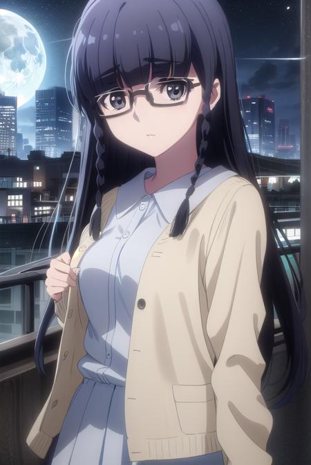 setsunashimazaki, <lora:setsuna shimazaki s1-lora-nochekaiser:1>,
setsuna shimazaki, long hair, bangs, (black eyes:1.5), black hair, braid, glasses, blunt bangs, twin braids, semi-rimless eyewear, under-rim eyewear,
BREAK shirt, blue shirt, collared shirt, cardigan, yellow cardigan, skirt, blue skirt,
BREAK outdoor, city, night, sky, buildings, moon, clouds,
BREAK looking at viewer, (cowboy shot:1.5),
BREAK <lyco:GoodHands-beta2:1>, (masterpiece:1.2), best quality, high resolution, unity 8k wallpaper, (illustration:0.8), (beautiful detailed eyes:1.6), extremely detailed face, perfect lighting, extremely detailed CG, (perfect hands, perfect anatomy),