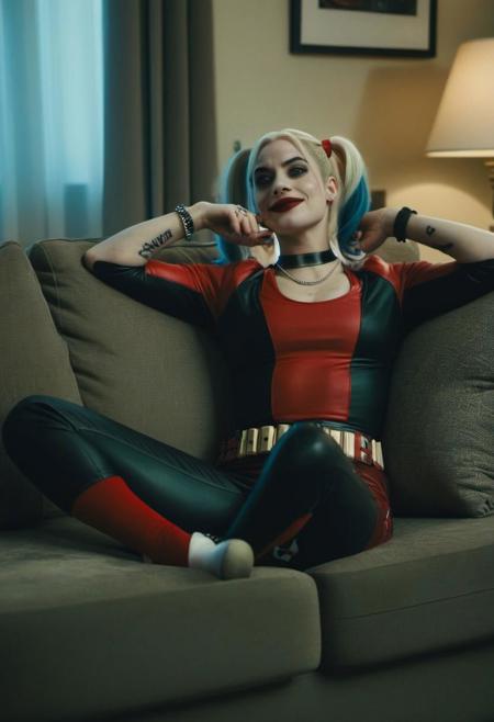high quality, cinematic, woman, Harley Quinn, at home, lounging on sofa, feeling fine mood