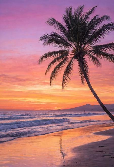 Ethereal Sunset: A serene beach landscape bathed in the warm glow of a golden sunset. The sky is painted with hues of orange, pink, and purple, while the ocean reflects the vibrant colors, creating a seamless blend of the two. A lone palm tree stands tall in the foreground, as if guarding the tranquility of the scene. The overall composition exudes a sense of peace and harmony.