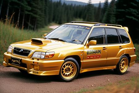 GOLDEN SUBARU RALLY FORESTERSF5, high quality photograph, bokeh, analog, depth of field, portra 800 film,  (((NFS))), (((Need For Speed))),  <lora:FORESTERSF5:0.6>