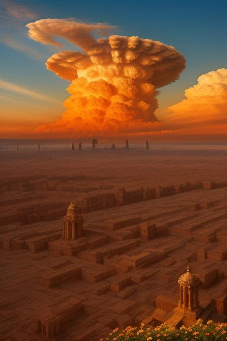 Cloud, Renaissance style concept of an ancient city scape, mold, flowers, trees, and fungus growing,  ornate pots of all shapes and colors, clear skies, golden hour, Vibrant colors, hd resolution, intricate details, Art Nouveau Style,