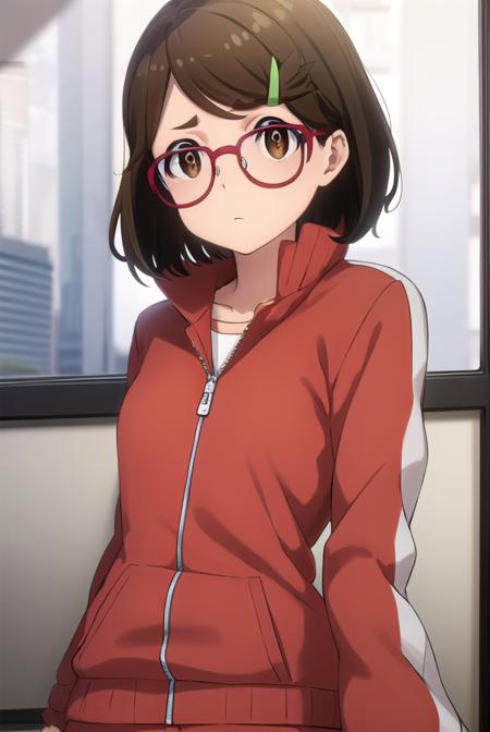 risaaoi, <lora:risa aoi s1-lora-nochekaiser:1>,
risa aoi, short hair, brown hair, hair ornament, (brown eyes:1.5), glasses, hairclip, red-framed eyewear,
BREAK jacket, pants, track jacket, track suit, haori,
BREAK indoors,
BREAK looking at viewer, (cowboy shot:1.5),
BREAK <lyco:GoodHands-beta2:1>, (masterpiece:1.2), best quality, high resolution, unity 8k wallpaper, (illustration:0.8), (beautiful detailed eyes:1.6), extremely detailed face, perfect lighting, extremely detailed CG, (perfect hands, perfect anatomy),