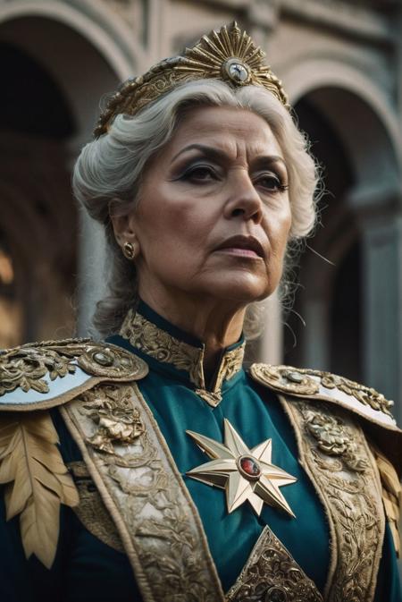 cinematic film still superhero radical scene, [blonde swiss:brazilian, tan:0.33] older woman, round face, portly, (sfw:1.2) wearing a superhero ornate lieutenant colonel uniform BREAK superhero baroque elemental mage's monastery exterior, synthwave equipment, fashion pose, intense stare, analog photo, film grain, sharp focus, shallow depth of field, vignette, highly detailed, high budget Hollywood film, bokeh, cinemascope, moody, epic, gorgeous, film grain