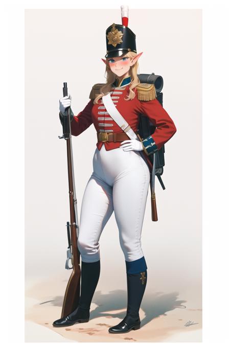 masterpiece, best quality, absurdres, high resolution, extremely detailed, 1girl,  <lora:redcoatv2:0.75>,military_uniform, uniform, standing, hat, epaulettes ,military, white_pants, red_jacket,shako hat,rifle, white pants,napoleonera, regiment of foot,redcoat,musket, red and white hackle, red and white plume, blonde long wavy hair, blue eyes, smug, full-face blush, large breasts, wide hips, narrow waist, elf,pointy ears,   <lora:mashu style-03:0.8>,backpack,