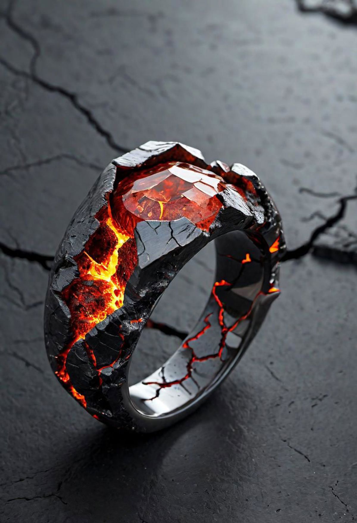 A Ring with a Diamond Shaped like a Volcano on a Cracked Rock Background