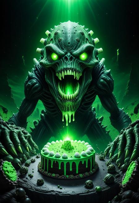 masterpiece,ultra-high resolution,incredible composition,extremely detailed, 
Necron monster with googly eyes, sharp teeth, rage extraterrestrial inside it, in space. made of beaten enchantment made of green glow, eating a green cake,