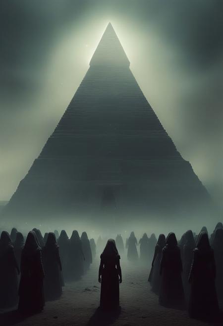 ultra realistic 
Dark Sci-Fi.
In a small, rural town nestled in the heart of the countryside, something strange is happening. Women of all ages and backgrounds are walking around in a hypnotic state, their arms outstretched and their eyes glazed over. They move in a slow, rhythmic trance, completely unaware of their surroundings.
As they walk, they are drawn towards a mysterious glowing pyramid that has appeared in the sky. The pyramid emits a powerful, otherworldly energy that seems to be controlling the women's movements.
The townsfolk watch in awe and confusion as the women gather beneath the pyramid, forming a circle around its base. They begin to chant in a language that no one can understand, their voices rising and falling in a hypnotic cadence.
As the chanting reaches a fever pitch, the pyramid begins to pulse with energy, sending out waves of light and sound that seem to penetrate the very fabric of reality. The women sway and dance in time with the pulses, lost in a trance-like state.
No one knows where the pyramid came from or what it wants, but one thing is clear: it has a powerful hold over the women of the town, and they are powerless to resist its call.
 faded film, desaturated, 35mm photo, grainy, vignette, vintage, Kodachrome, Lomography, stained, highly detailed, found footage