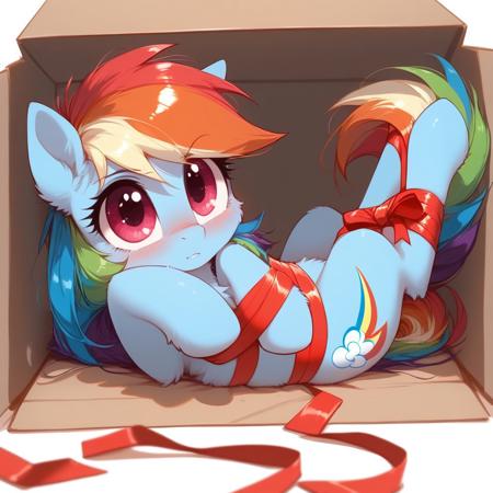 rating_safe, score_9, score_8_up, score_7_up, pony, feral, Rainbow Dash, lying inside a cardboard box, tied up with a red gift ribbon, body ribbon, ribbon, the ribbon wrapped around her body, playful and slightly embarrassed expression, eyes looking up, full body, BREAK, cozy and soft environment, cartoonish style, bright colors, fun and cute scene, playful theme, white background, BREAK, zPDXL3, MegaFluffyPony, fluffy, shiny,