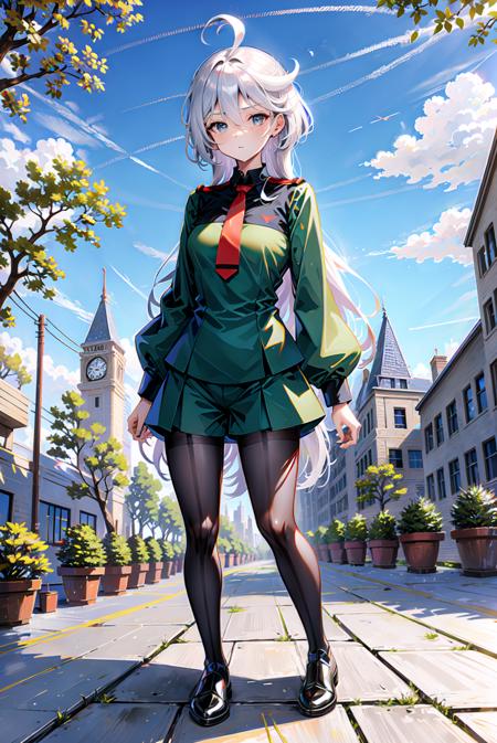 1girl, miorine rembran, pantyhose, solo, asticassia school uniform, school uniform, long hair, grey eyes, boots, black footwear, black pantyhose, high heels, ahoge, full body, white hair, high heel boots, breasts, long sleeves, bangs, necktie, red necktie, hair between eyes, seamed legwear, standing, city, rooftop, outdoors, <lora:MiorIneV5.0:0.8>, miorineRembran,