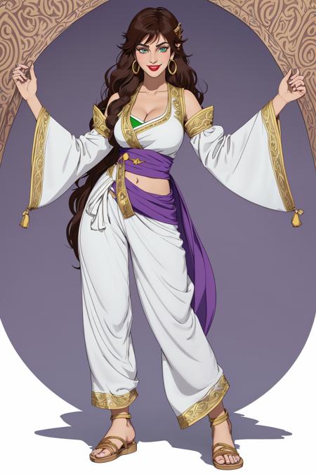 sadira, ragged white shirt with patches over the sleeves,green vest, white harem pants with a purple sash, golden hair accessoire, messy brown hair,