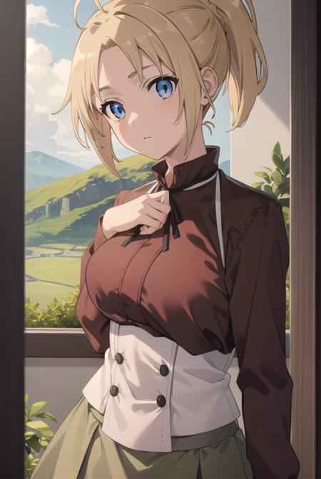 zenith greyrat, short hair, blonde hair, blue eyes, ponytail, ahoge, skirt, shirt, thighhighs, long sleeves, ribbon, boots, black thighhighs, thigh boots, brown shirt,