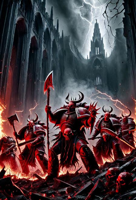 A squad of Chaos Space Marines from the Blood Legion of Khorne, drawn from the World Eaters Traitor Legion, charging together in a brutal battlefield scene. Each marine wears jagged, blood-red power armor forged from bloodsteel, with glowing brass trim and Chaos symbols etched into the plating. Their helmets are horned or skull-faced, some holding chainaxes dripping with gore, others carrying daemon-infused bolters or massive hellblades. Spikes, skull trophies, and runic etchings cover their armor. Ebony and Gold Accents on their Armor, Bone White Horns or spikes.  The warriors are posed in aggressive stances, surrounded by fire, smoke, and the ruins of a shattered cathedral. Lightning flashes in the sky, casting dramatic shadows across their brutalist forms. Behind them, a towering Bloodletter daemon howls in fury. Cinematic group composition, ultra-realistic textures, 8K concept art, grimdark atmosphere, “Blood for the Blood God!”