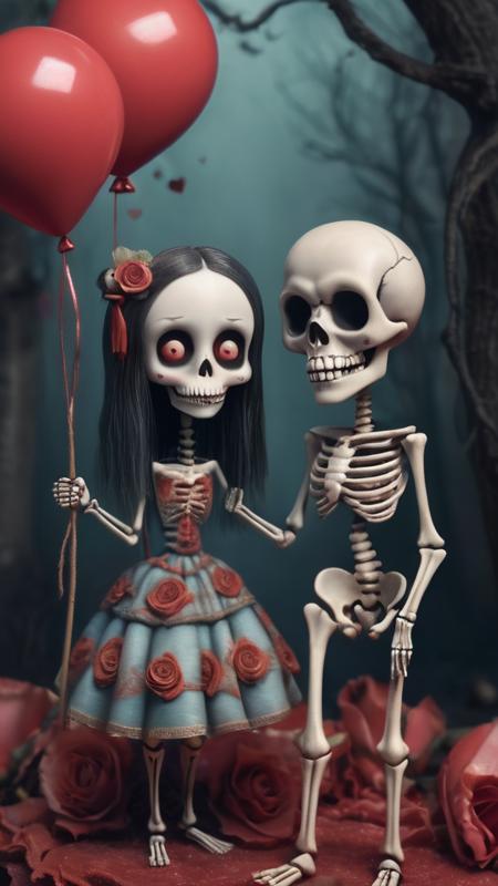 an artists interpretive depiction of a bloody valentine with the text ("TILL DEATH DO US PART":1.5), (a cute macabre adult valentine's day card:1.1), (Kris Kuksi:1.4), (Mark Ryden:1.5), (Gris Grimly:1.3), (Tim Burton:1.3), (Gorjuss:1.2), selective focus, miniature effect, highly detailed, vibrant, perspective control, (two cute happy skeletons blissfully in love:1.1), a man skeleton and a woman skeleton with long hair, a loving skeleton couple in formal wear, valentine, romantic, adorable, pastel colors, soft focus and diffused lighting, intricate background detail, digital painting, ultra-detailed, cinematic, macro, mystical, magical, vibrant photography, shimmering light, dreamy, whimsical, serene, soft-focus, hyper-detailed digital art, complex scenery with fine details, 8k, accentuated luminosity and intricate details, masterpiece, 8K artistic photography, award-winning photograph, multicolored, surreal and majestic atmosphere, beautiful composition, professional, extremely detailed oil painting, award-winning, cute, skulls, skeletons, cartoon, love, hearts, balloon , sugar skull BREAK (a cute macabre adult valentine's day card with the text "TILL DEATH DO US PART":1.4), ("TILL DEATH DO US PART":1.5) BREAK (Kris Kuksi:1.3), (Mark Ryden:1.3), (Gris Grimly:1.4), (Tim Burton:1.3), (Gorjuss:1.2)