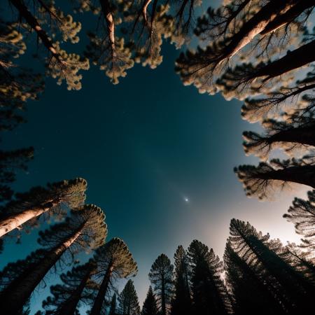 looking up surrounded by a circle of neon glowing pine trees, forest scenery <lora:comingto:0.5> coming to