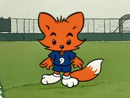 A fox, wearing a soccer jersey, soccer field background, Rune Andreasson style <lora:Rune_Andreasson_Style:1>