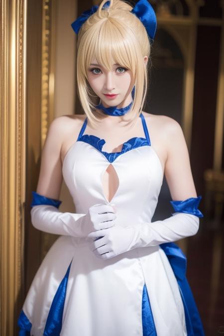 saber, artoria pendragon \(fate\), lanbaihe,sleeveless dress,  ahoge, bangs, hair bun, sidelocks, hair ribbon, hair ornament,