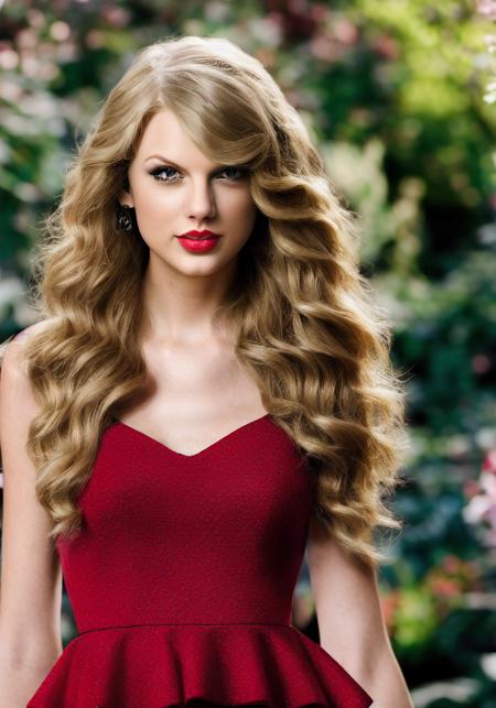 taylor swift (sharp focus:1.2), photo, attractive young woman, (beautiful face:1.1), detailed eyes, luscious lips, (bold red lip colour:0.85), (medium breasts:1.0), (slim body:1.2), (long hair:1.2), wearing (peplum dress:1.2) in a (botanical garden:1.2). (moody lighting:1.2), depth of field, bokeh, 4K, HDR. by (James C. Christensen:1.2|Jeremy Lipking:1.1).