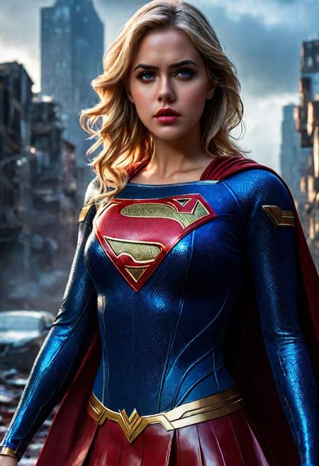 High resolution ultra-realistic of Beautiful bloody Supergirl fighting against alien invasion, cinematic style, standing on a bloody and stormy battle in a destroyed city in a fighting pose, bloody and dirty, realistic blue combat costume, red mini skirt, red cape, perfect athletic figure, wavy blonde hair, handsome bloody face, beautiful perfect detailed pupils, wet oily shiny skin, covered in dirty and blood, beautiful firm Breasts, defiant and seductive, attractive 21 year old Supergirl, 8k resolution concept art portrait by Greg Rutkowski, Kiernan Shipka, Dark Gotham City, Artgerm, WLOP, Alphonse Mucha, dynamic lighting, hyperdetailed, intricately detailed, Splash art trending on Artstation triadic colors, Unreal Engine, 5 volumetric lighting, Cinematic Lighting, intricate, smooth, sharp focus digital painting, Asymmetrical Balance, realistic eyes, ultra detailed atmospheric details, sparkle effects, realistic body proportions, beautiful body Supergirl proportions, complex masterpiece, dramatic atmosphere