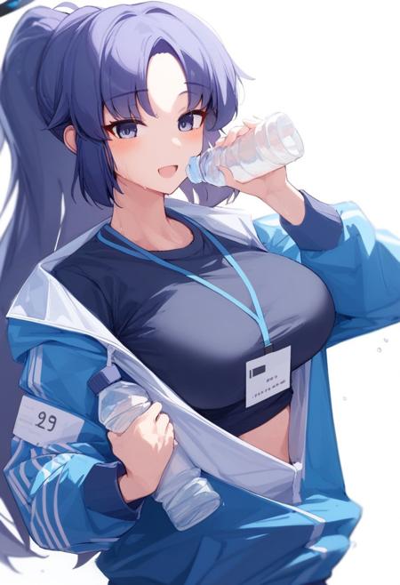 score_9,score_8_up, score_7_up,channel, 1girl, solo, long hair, breasts, looking at viewer, blush, smile, open mouth, bangs, blue eyes, large breasts, simple background, shirt, long sleeves, white background, holding, purple eyes, jacket, ponytail, purple hair, short sleeves, sweat, open clothes, off shoulder, official alternate costume, parted bangs, black shirt, halo, bottle, blue jacket, gym uniform, track jacket, buruma, holding bottle, id card, water bottle, blue buruma, lanyard, yuuka (blue archive)