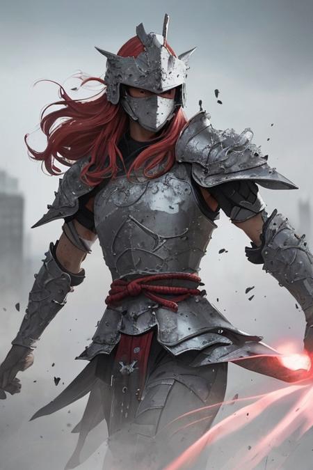 Multicolor with color, Action Scene, floating particles, billowing Hair, billowing Cape, Crystal clear atmosphere with sharp edges and high fidelity rendering, showcasing a cursed hkwarrior in gleaming, shattered white armor. The hkstyle armor has a glossy, pristine finish despite cracks revealing a faint inner glow. The focus is on a close-up of the ninja’s intricately designed helm, rendered with a modern art studio’s photographic precision. The helm’s shattered visor emits a piercing black-red light, creating clean streaks as the warrior’s swift motion is captured. The samurai’s long, radiant hair flows perfectly, each strand sharply defined against a backdrop of a dystopian, black-washed metropolis with futuristic, glossy architecture in ruins. The background is crisp and clear, with sharp details even in the mist. No grain or blur; everything is rendered with modern studio lighting, revealing the glossy, polished surfaces and intricate design of the armor. The overall mood combines haunting beauty with powerful precision, captured in a modern, highly detailed, and strikingly realistic photograph.