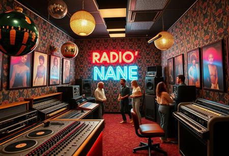 Create a detailed scene of an American radio studio from 1974 with a funky, R&B vibe. The studio features vintage equipment, including large analog mixing boards, turntables, and reel-to-reel tape machines. The room is adorned with glittering disco balls, colorful neon lights, and posters of popular R&B artists from the era. The walls have vibrant, patterned wallpaper with a retro feel, and there’s a groovy atmosphere with people wearing bell-bottoms, wide-collared shirts, and platform shoes. Prominently displayed in the background is a retro sign that reads “RADIO NANE'” in bold, glowing letters, capturing the essence of the 1970s funk and R&B culture.