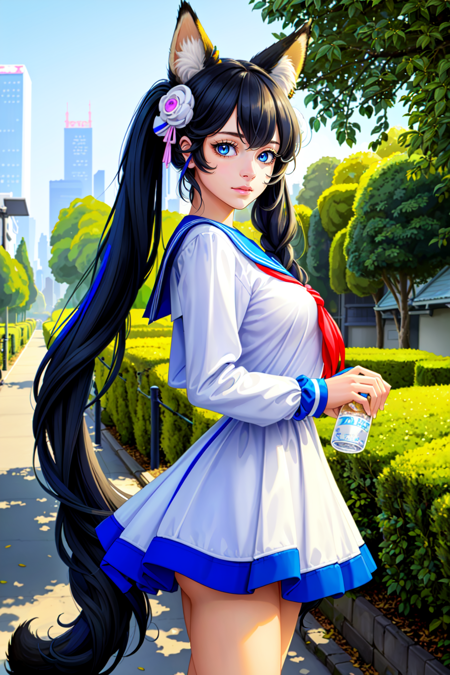 (masterpiece, top quality, best quality, official art, beautiful and aesthetic:1.2), (1girl:1.3), extreme detailed, colorful, highest detailed, ((ultra-detailed)), (highly detailed CG illustration), ((an extremely delicate and beautiful)), solo, outdoors, sibuya/, (tokyo/), standing, black hair, long twintails, blue eyes, large breasts, (serafuku:1.5), spread legs, realistic, fox ears, animal ears, kitsune tail