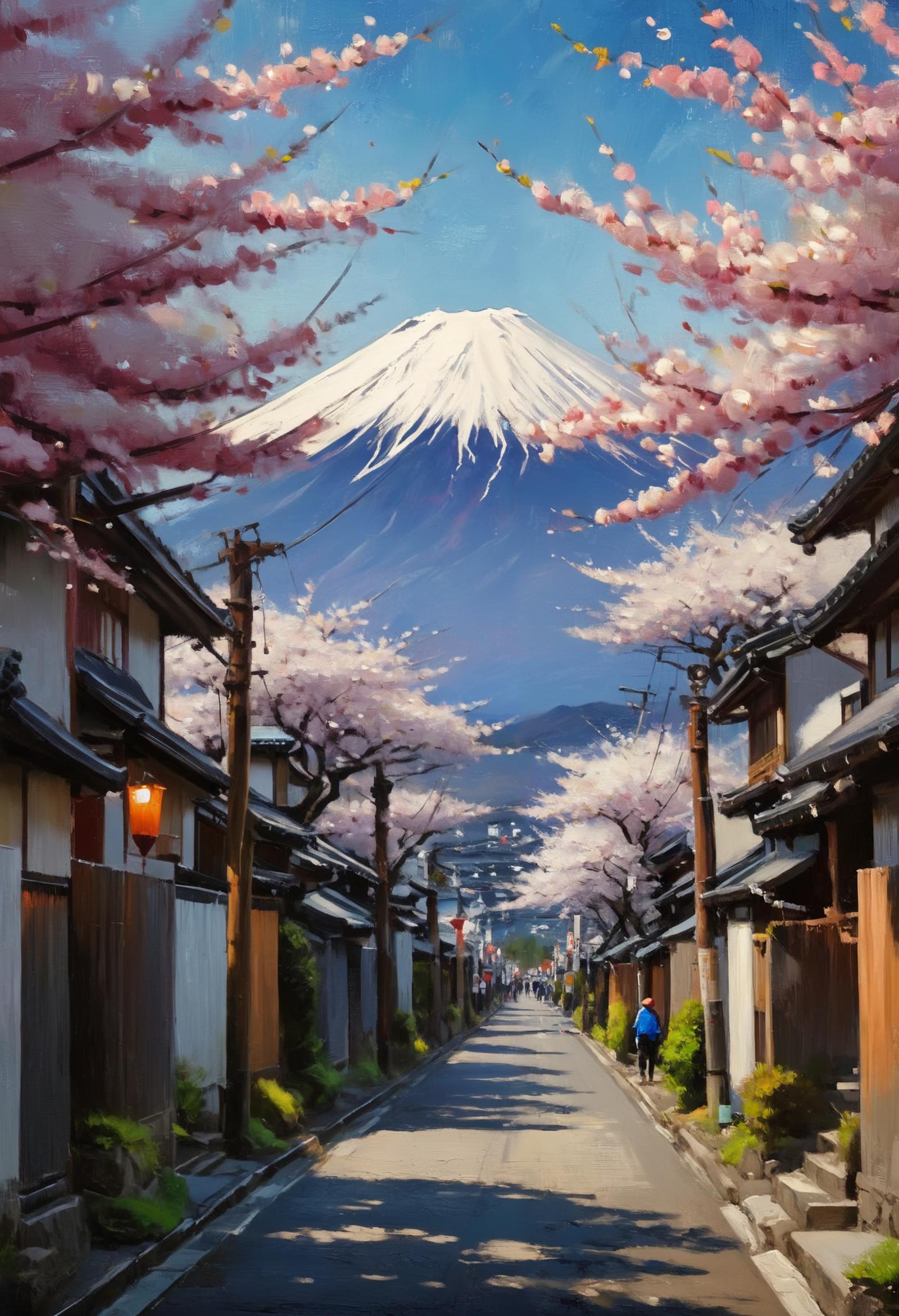 A Painting of a Town with a Snow-Covered Mountain in the Background and a Cherry Blossom Tree Above the People