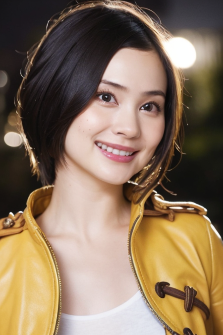 1girl,(wearing a yellow pirate jacket),(RAW photo, best quality), (realistic, photo-realistic:1.4), masterpiece, an extremely delicate and beautiful, extremely detailed, 2k wallpaper, Amazing, finely detail, extremely detailed CG unity 8k wallpaper, ultra-detailed, highres, soft light, beautiful detailed girl, extremely detailed eyes and face, beautiful detailed nose, beautiful detailed eyes,cinematic lighting,city lights at night,perfect anatomy,smiling