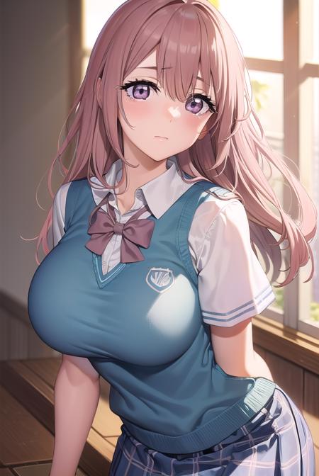 shinjuinui, <lyco:shinjuinuis1-lyco-nochekaiser:1>, 
shinju inui, long hair, pink hair, (pink eyes:1.5), (large breasts:1.2),
BREAK skirt, shirt, bow, school uniform, white shirt, short sleeves, pleated skirt, serafuku, bowtie, sailor collar, vest, blue skirt, sweater vest,
BREAK indoors, classroom,
BREAK looking at viewer, (cowboy shot:1.5),
BREAK <lyco:GoodHands-beta2:1>, (masterpiece:1.2), best quality, high resolution, unity 8k wallpaper, (illustration:0.8), (beautiful detailed eyes:1.6), extremely detailed face, perfect lighting, extremely detailed CG, (perfect hands, perfect anatomy),