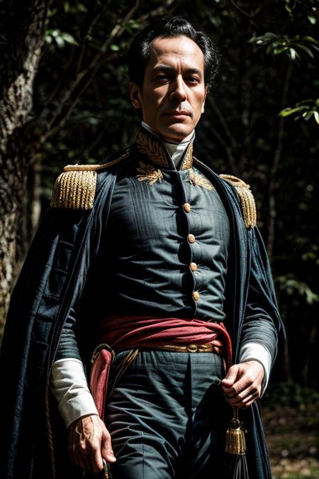 RAW photo, a portrait photo o  <lora:simonbolivar-08:0.6> simonbolivar  (best quality, masterpiece, ultra-detailed:1.2), 1boy ,solo,looking at viewer, black hair  <lora:more_details:1> ( sharp:1.2) ,(with a passage of plain and green nature in the background:1.1) , (anime style:1.3),  8k uhd, high quality, film grain, Fujifilm XT3