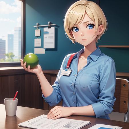 hand holding green ball <lora:woman_with_apple_01-000008:0.4>