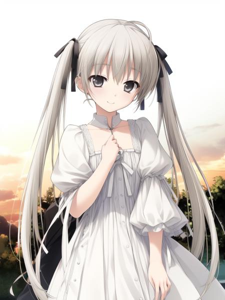 KasuganoSora, 1girl, soro, white hair, brown eyes, long hair, hair ribbon, KasuganoSora, 1girl, soro, white hair, brown eyes, long hair, twintail, hair ribbon, KasuganHaruka, 1boy soro, white hair, brown eyes, short hair, ahoge, cowboy Shot, smile,