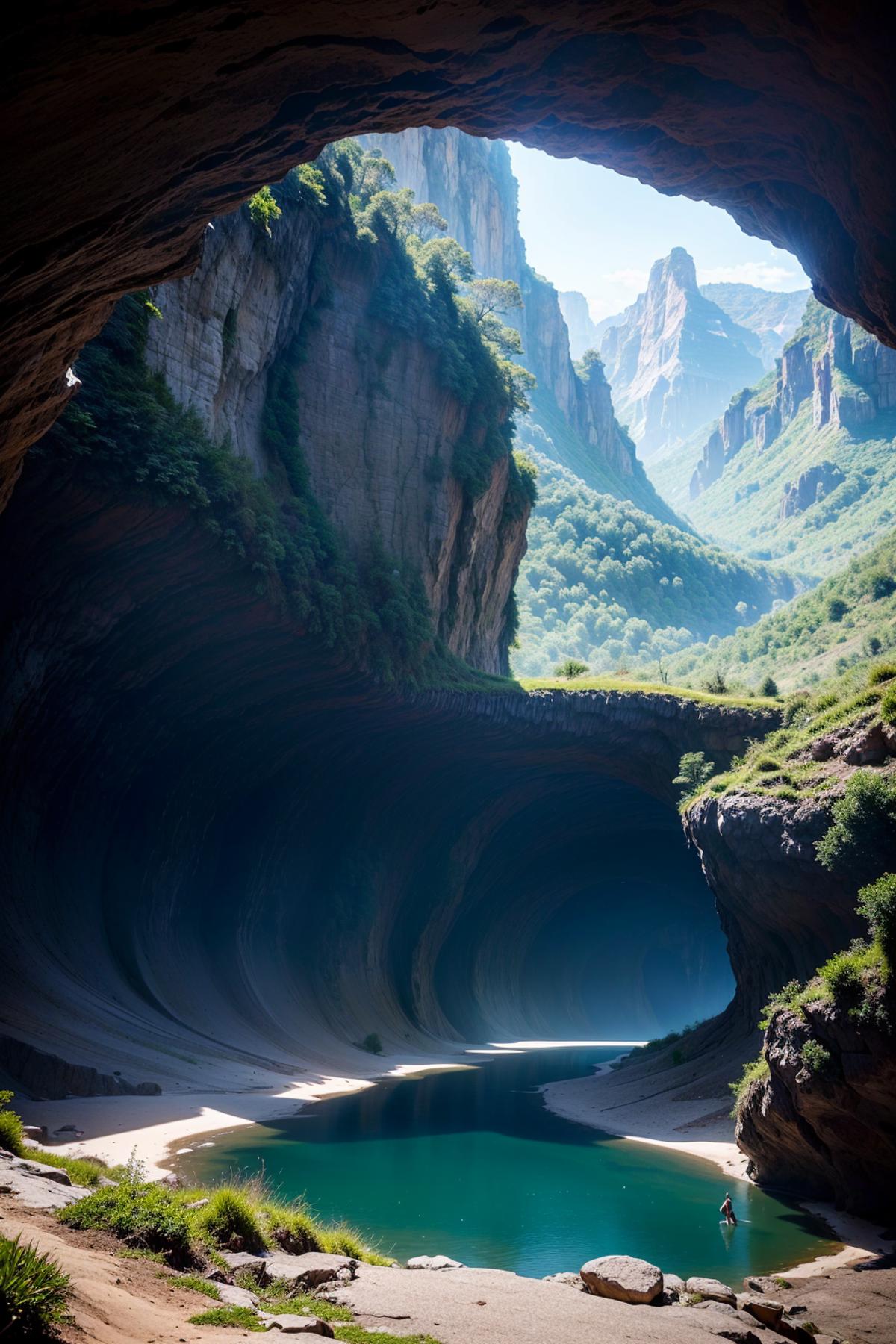 A large, dark cave in the mountains with a stream of water flowing through it.