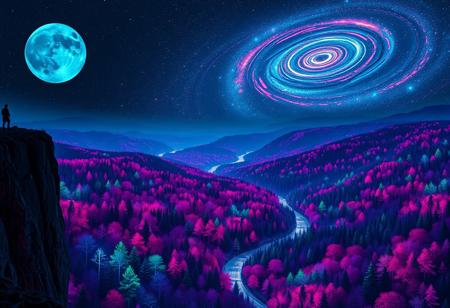 Create a mesmerizing nighttime landscape from the viewpoint of a high cliff on a mountain. A full, deep blue moon with a greenish tint illuminates the scene, casting an ethereal light across the landscape. The forest below is a vast expanse of neon-colored trees, with vibrant hues of electric pinks, blues, purples, and greens that glow against the darkness. A winding river, shimmering with moonlight, meanders through the valley. The sky is alive with an awe-inspiring galaxy, its spirals stretching across the horizon, and filled with countless vibrant stars in radiant colors. The scene should evoke a sense of surreal wonder, blending the mystical and the cosmic in a breathtakingly detailed and vivid display.