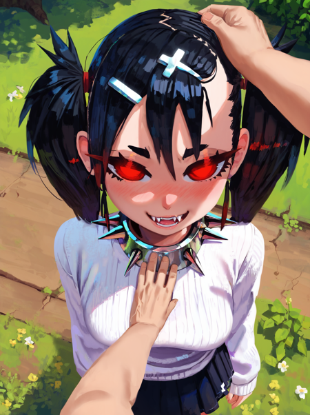 score_9, score_8_up, score_7_up, best quality, masterpiece, uncensored, source_anime
BREAK
dagger (fizrotart), mature female, 1girl, black hair, black skirt, whire sweater, cross hair ornament, fangs, glowing eyes, metal collar, pleasted skirt, outdoors, red eyes, sleeves past fingers, smile, spiked collar, teeth, twintails, two-tone sweater, male pov, headpat, hands on another's head
<lora:fiz-rot_pony_v3:1>