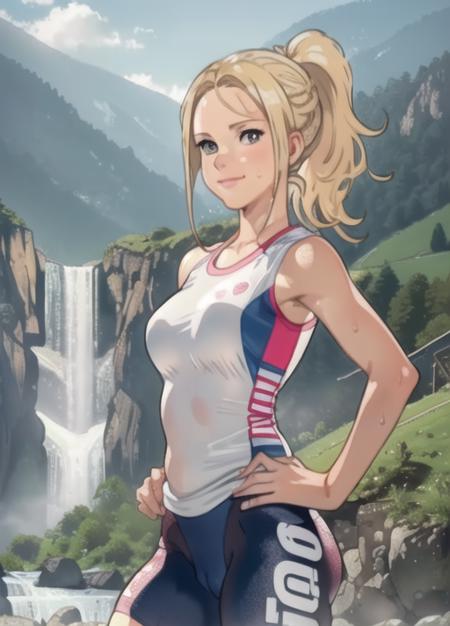 8k portrait of of marion_rousse, blond hair, tanktop, upper body, 1girl smirk, masterpiece, trending on artstation, (sweaty), pink lips, sexy, sport, gym, cycling clothes,, bike short,ponytail hair, hands and hips, mountains and waterfall in the background, masterpiece, highres, very detailed, cameltoe <lora:marion_rousse-000007:1>