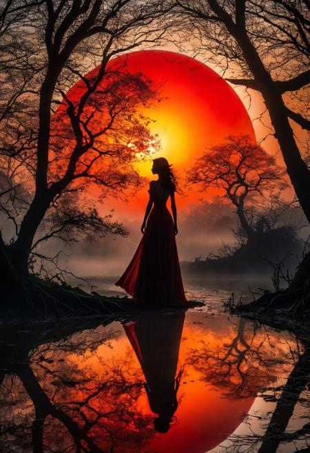 silhouetted figure, glowing red sun, misty atmosphere,  zPDXL , swirling patterns, timeless beauty,Enchanting realm, wisdom in simplicity, gorgeous, thick luscious strokes,a dryad with oddly colored eyes., reflective journey, beauty and decay