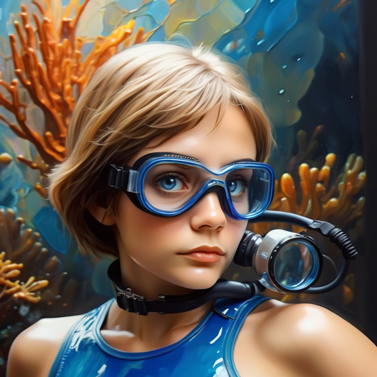 Alisa Selezneva short hair, big blue eyes,siting Cute Spice girl the ultimate adventure scuba diving, goggles, ((Arthur-Ad...