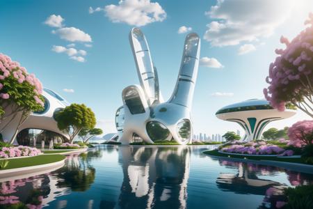 (masterpiece),(high quality), best quality, real,(realistic), super detailed, (full detail),(4k),8k,scenery, sky, outdoors, day, building, water, blue sky, river, boat, reflection, flower,tree,bush,grass, aircraft, 
((Futurism)),  Building,
 <lora:JJsFuturismBuilding:1>