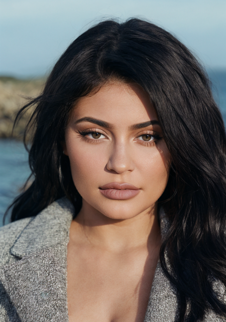 documentary photography of of kyliejenner, <lora:kyliejenner_512-000098:0.6>  , black hair, eyes shadow ,rim lighting, on a coast, sharp focus, Windy , Long coat,